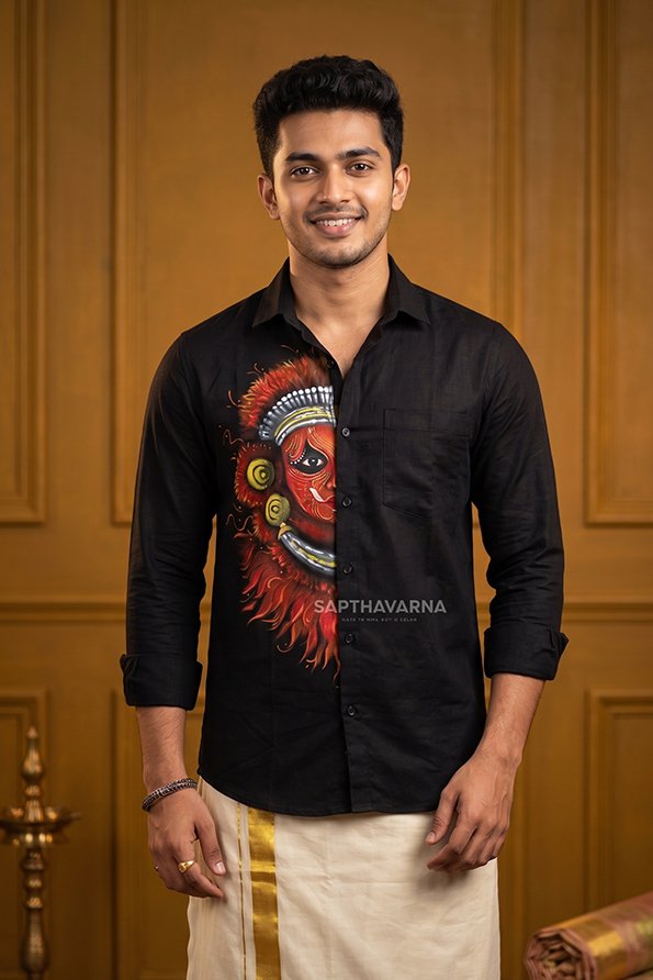 half-theyyam handpainted theyyam face handpainted shirt