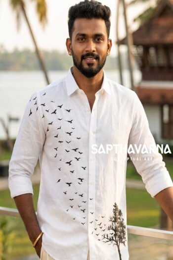 Hand-Painted-Black-bird-tree-White shirt