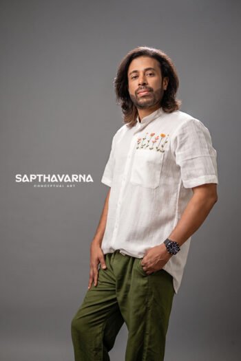 Premium White Khadi Hand Embroidered Shirt for Men | Handmade Cotton Ethnic Wear
