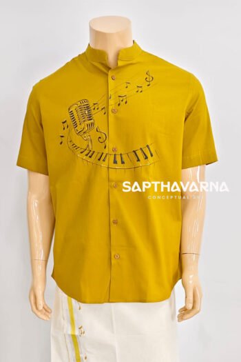 Hand-painted music theme cotton shirt for men with piano and microphone artwork
