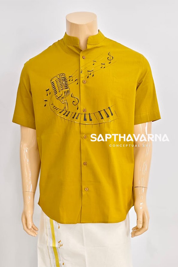 NG-KOZHIKODE-2 Hand-painted music theme cotton shirt for men with piano and microphone artwork