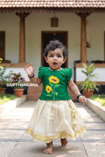 HandPainted Kids Kerala Outfit with sunflower art