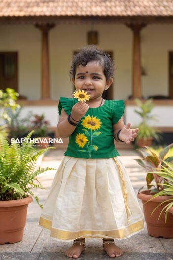 HandPainted Kids Kerala Outfit with sunflower art