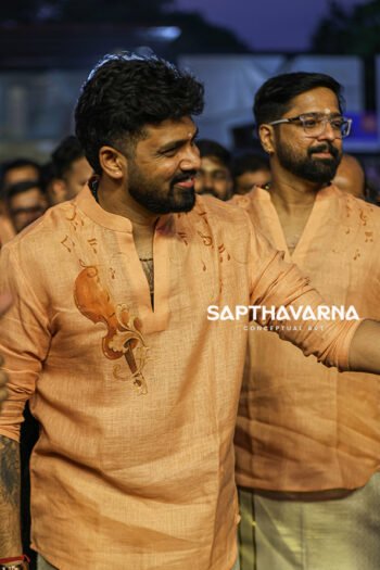 Handpainted violin design short kurta for men in peach color traditional ethnic wear