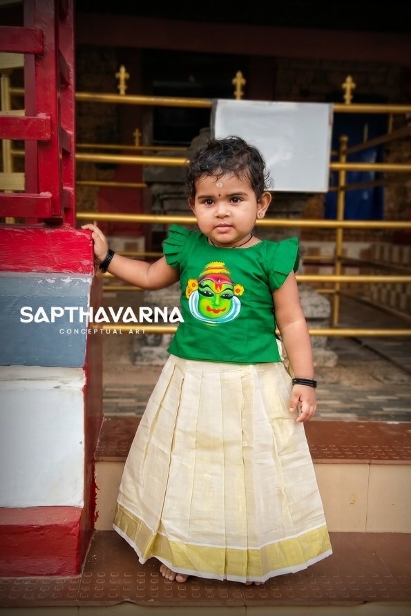 kathakali-kids-weare (1) Kathakali hand painted Kerala kids pattu pavada set with traditional kasavu skirt for Onam and festive occasions