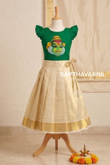 Kathakali hand painted Kerala kids pattu pavada set with traditional kasavu skirt for Onam and festive occasions