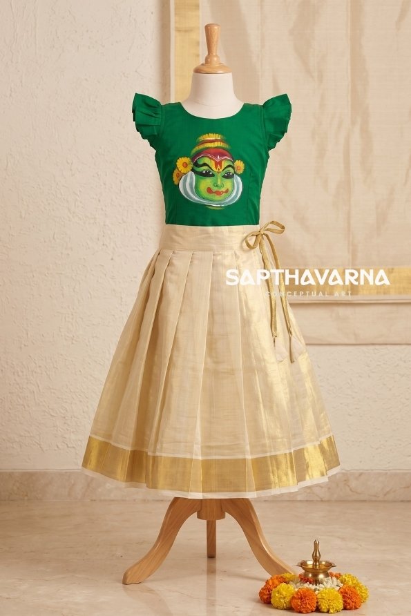 kathakali-kids-weare Kathakali hand painted Kerala kids pattu pavada set with traditional kasavu skirt for Onam and festive occasions