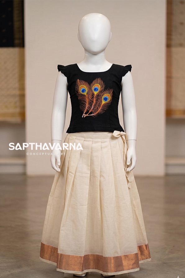 Black Peacock Feather Hand-Painted Kids Kerala Dress Hand-painted black peacock feather kids top with white and gold Kerala kasavu skirt for girls