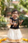 Black Peacock Feather Hand-Painted Kids Kerala Dress