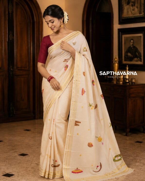Sapthavarna Hand-Painted Onam Saree – Premium Handmade Kerala Saree