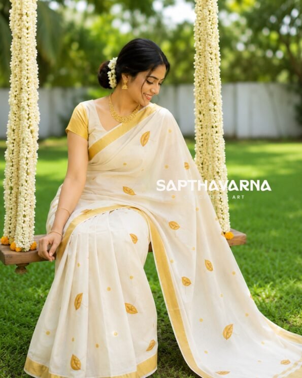 Discover Sapthavarna's exclusive hand-painted saree Onam collection.