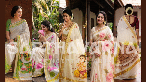 Discover Sapthavarna's exclusive hand-painted saree Onam collection.