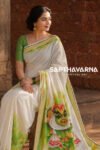 Hand painted Onam Kerala saree featuring kathakali-inspired artwork and traditional Vallam Kali boat